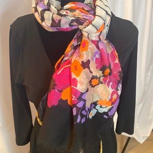 Black/white scarf w/magenta, orange, purple flowers